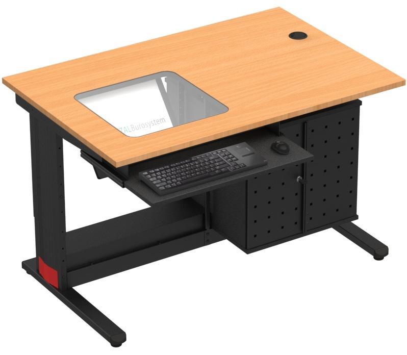 Die Tastatur und die Maus befinden sich auf einer ausziehbaren Platte unter der Arbeitsfläche.