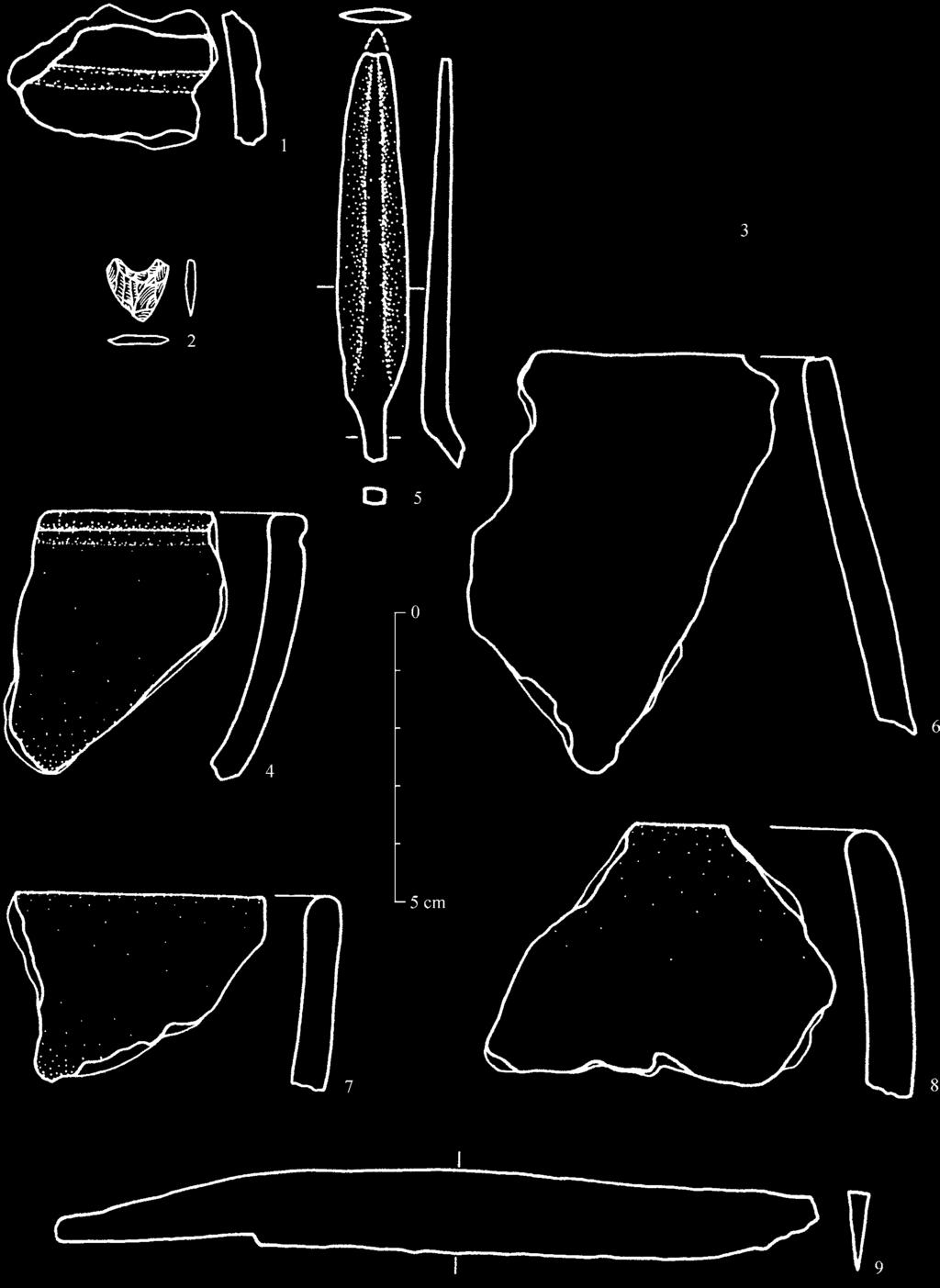 1, 4, 6-8 - hlina; 2 - obsidián; 3 - mosadz(?); 5, 9 - železo (Soják/Terray, 190). Abb. 115. Auswahl von Funden.