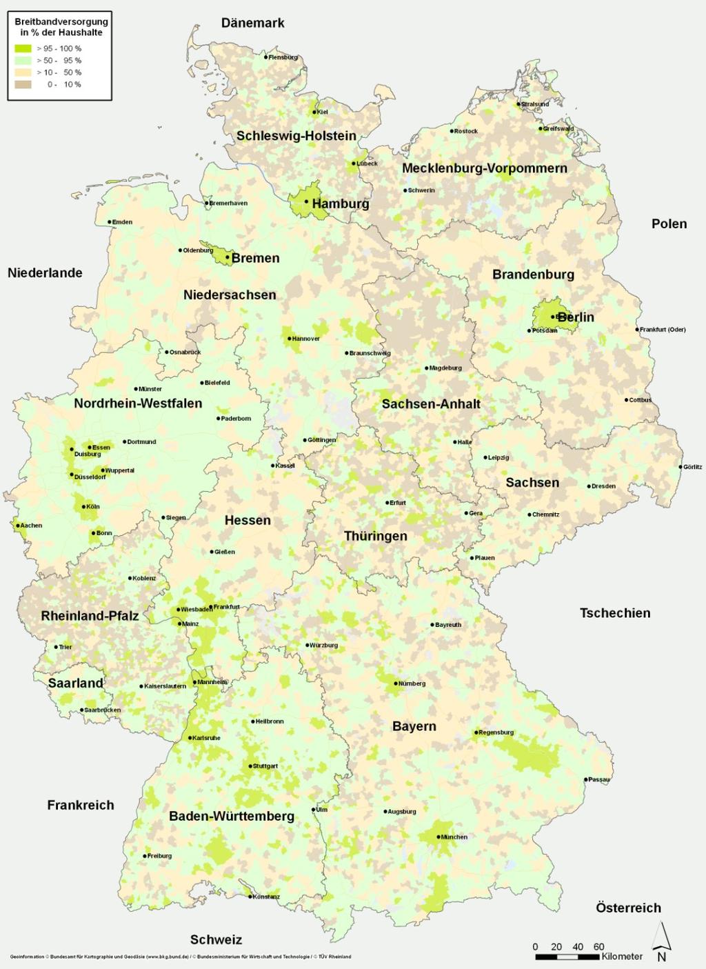 Kartenwerke Darstellung für Deutschland für 16 Mbit/s alle Technologien. Darstellung zusammengefasst auf Gemeindeebene.