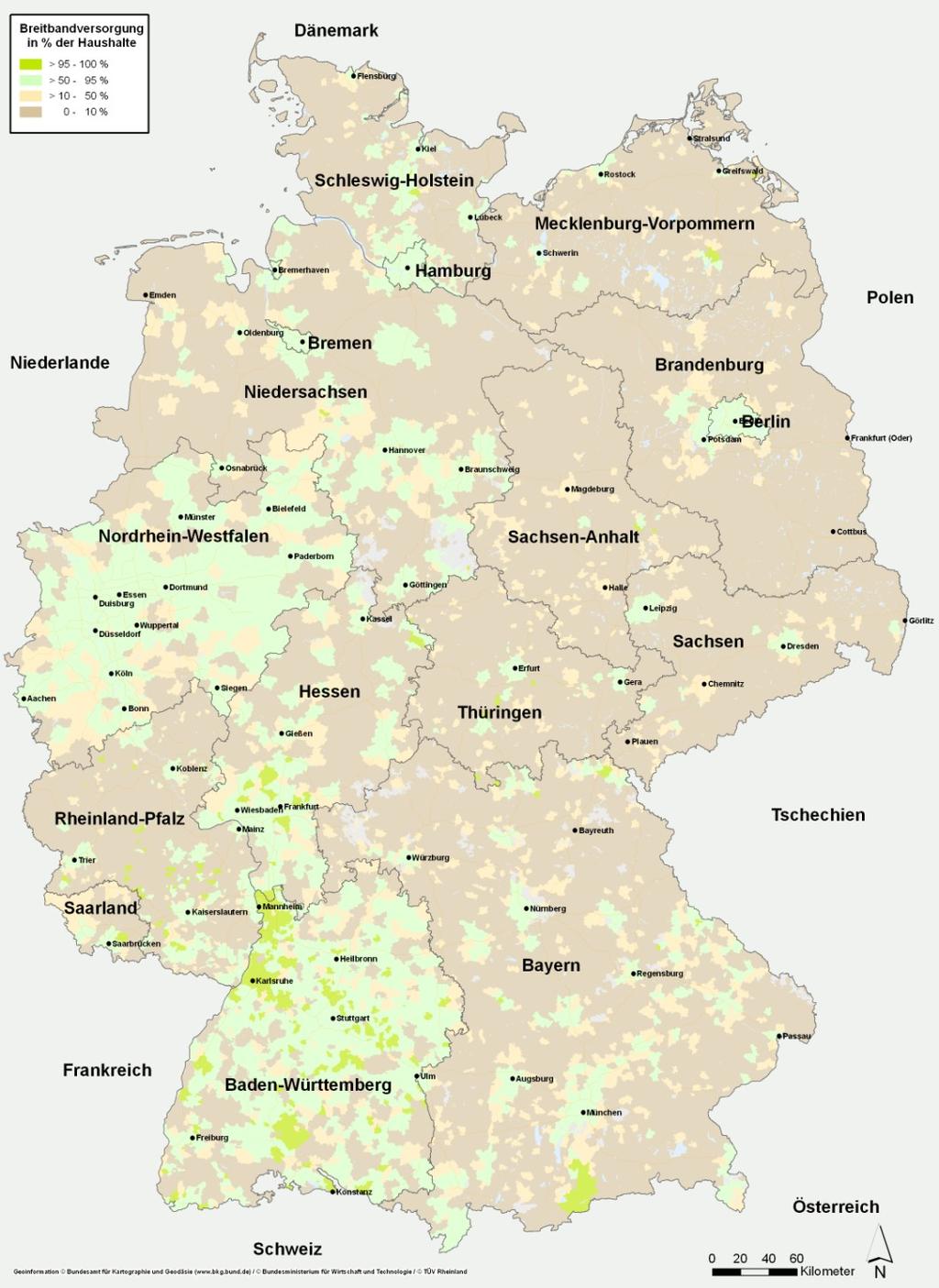 Kartenwerke Darstellung für Deutschland für 50 Mbit/s alle Technologien. Darstellung zusammengefasst auf Gemeindeebene.