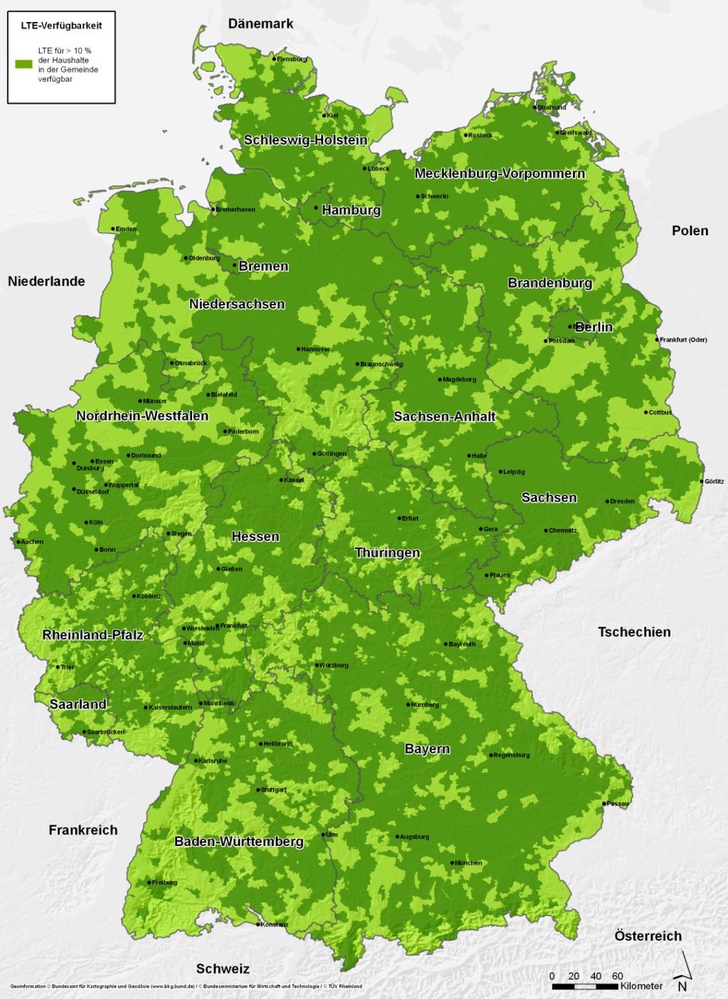 Kartenwerke 3.2 LTE-Verfügbarkeit in Deutschland Darstellung der Gemeinden in Deutschland, in denen LTE verfügbar ist.