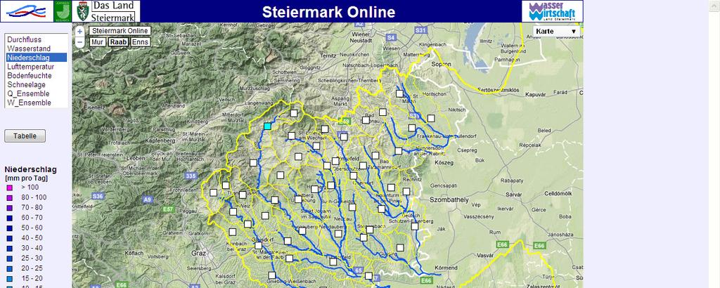 Hochwasserprognosemodelle Steiermark Homepage Darstellung