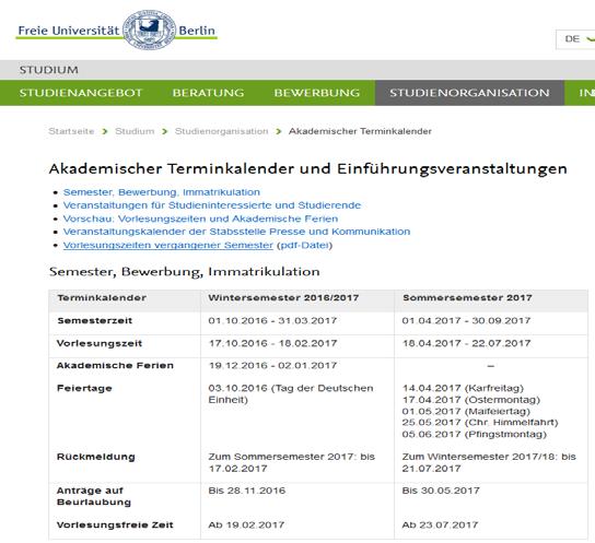 Akademischer Kalender http://www.fu-berlin.