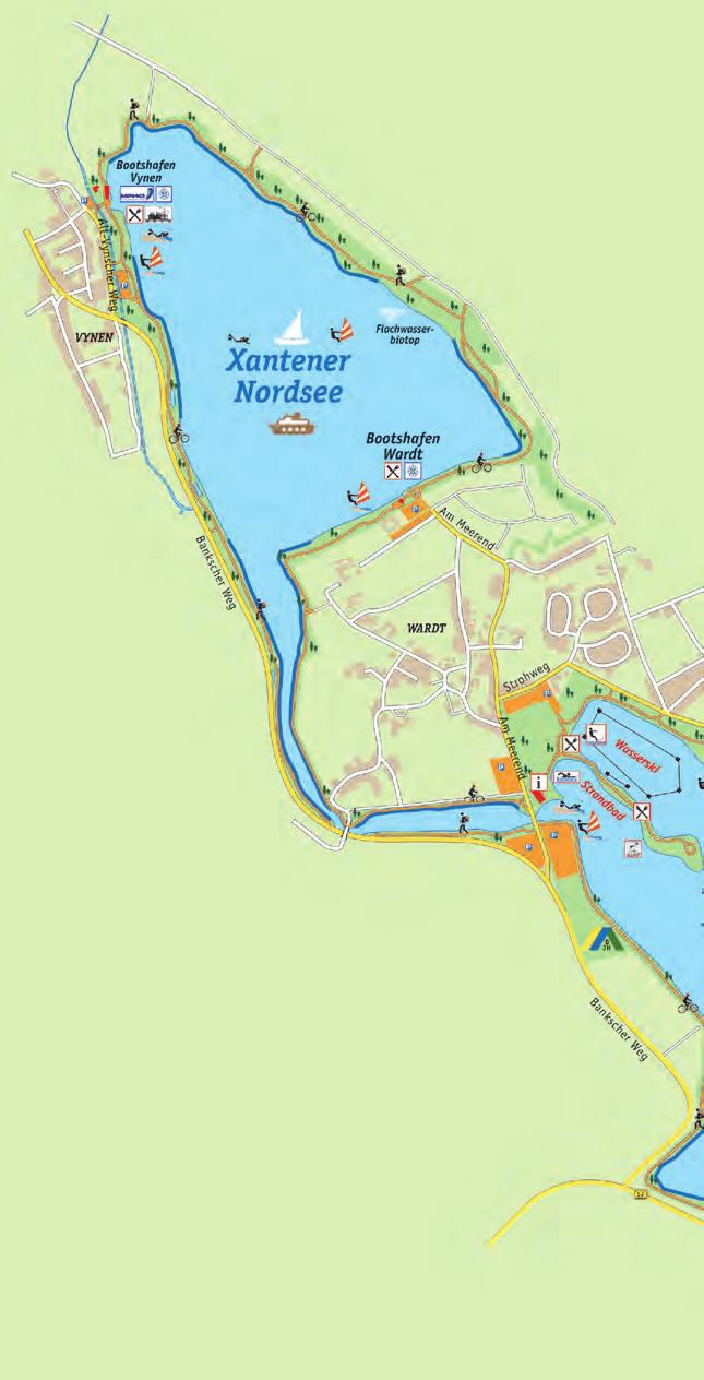 Informationen Wasserflächen insgesamt: ca. 245 ha Xantener Nordsee: ca. 118 ha Xantener Südsee: ca. 127 ha Rundwege insgesamt: ca. 15,5 km Xantener Nordsee: ca. 8,2 km Xantener Südsee: ca.