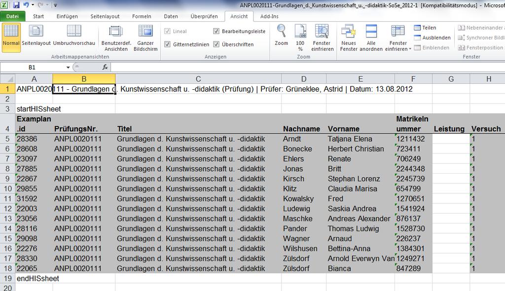 Die Excel-Liste enthält nicht die von der Prüfung zurückgetretenen Studierenden (diese sind nur in der Online-Anzeige enthalten s. o.).