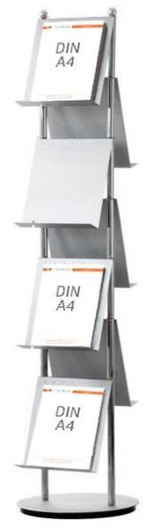 Prospektständer in drehbarer Ausführung 7xDIN A4 Drehbarer Prospektständer aus alufarben lackiertem Metall mit 7 Ablagefächern für das DIN A4 Hochformat. Lieferung erfolgt zerlegt mit Aufbauanleitung.