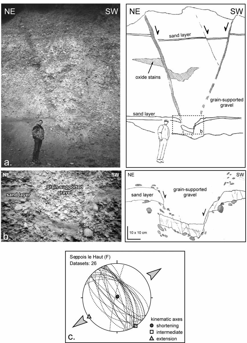 Abb. 10: ad Stop 3. (a) konjugierte Abschiebungen in den pliozänen Sundgauschottern. Der Versatz ist am besten am Versatz von dm-mächtigen Sandlagen erkennbar (b).