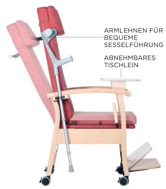 Wir nehmen selbstverständlich Bedacht auch auf Personen, die an Krücken gehen, deswegen ist der Sessel mit Krückenhalter ausgestattet.