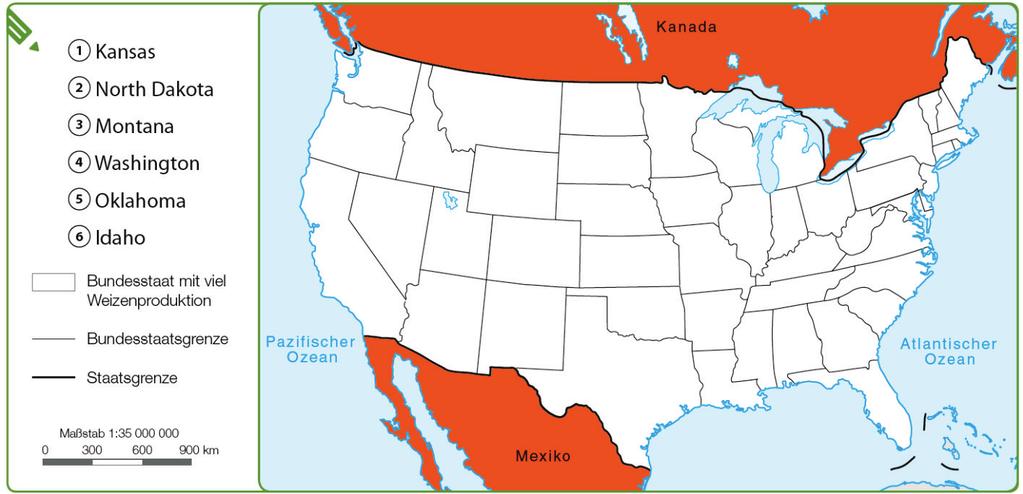 8. Arbeite mit dem Atlas. Kennzeichne in der Karte alle Bundesstaaten mit viel Weizenproduktion. Übertrage die richtige Ziffer und male die Bundesstaaten farbig aus.