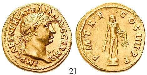 500,- 21 Traianus, 98-117 Aureus 114-117, Rom. 7,29 g. Kopf r. mit Lorbeerkranz und Aegis auf l.
