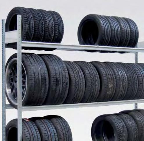 KFZ-Regale Lagertechnik NEU mit reifenschonenden Holmen beidseitig nutzbar Eigenschaften beidseitige Bestückung und Entnahme der Räder / Reifen belastbar bis 400 kg pro Ebene ein mittiger Unterzug