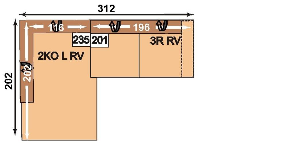 rechts 10 2KOLRV-3RRV 2-Sitzer Kombielement mit Anstellhocker links; Sofa 3-Sitzer mit Rückenverstellung