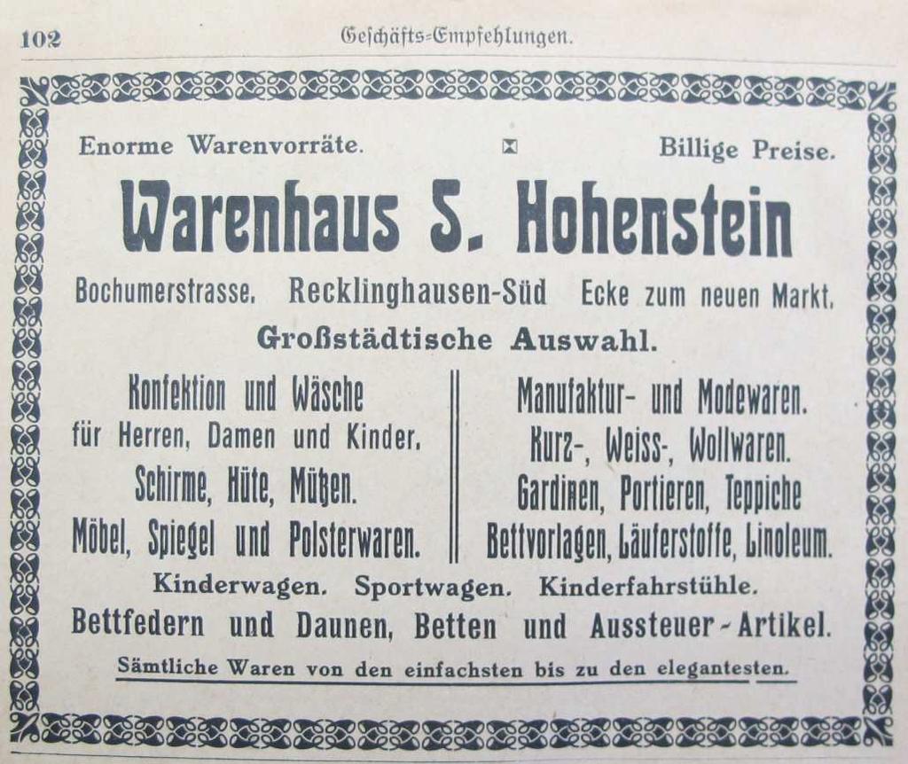 Anzeige im Adressbuch der Stadt Recklinghausen Bis 1937 existierte das Geschäft noch, war aber 1938 nur noch als Versandgeschäft für