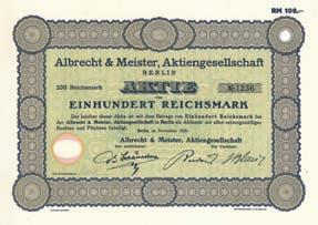 Nr. 124 Nr. 124 Schätzpreis: 180,00 EUR Startpreis: 90,00 EUR Albrecht & Meister AG Aktie 100 RM, Nr. 1337 Berlin, November 1929 Auflage 1.400 (R 6).
