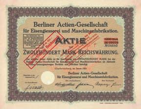 188 Schätzpreis: 800,00 EUR Startpreis: 300,00 EUR Bergmann-Elektricitäts-Werke AG Aktie 1.000 Mark, Nr. 122572 Berlin, Mai 1922 VF+ Auflage 65.000 (R 10).