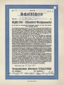 Doppelblatt, inwendig Bedingungen. Nr. 172 Nr. 172 Schätzpreis: 65,00 EUR Baugenossenschaft Mittelstand egmbh Namens-Teilschuldv. 100 RM, Nr. 100 Olbernhau, 31.12.