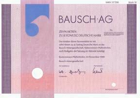 Nr. 178 Nr. 178 Schätzpreis: 100,00 EUR Bausch AG Aktie 10 x 50 DM, Blankette Buttenwiesen-Pfaffenhofen, Nov.