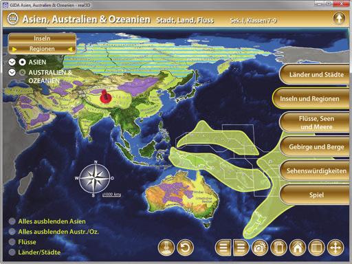 Der Teilbereich Regionen zeigt die Regionen von Asien, Australien und Ozeanien. Über die linke Menüleiste können sie farblich markiert und ihre Bezeichnungen dem Modell zugeordnet werden.