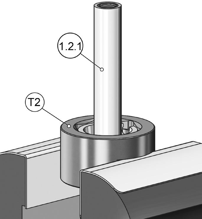 10.11.8.3 Montage der Düsenspitze 1) Die Düsenheizung (1.2.1) muss auf der Düse montiert sein und die Düse mit der Düsenkopfseite im Halter (2) eingesetzt sein, wie in der vorhergehenden Sektion 10.
