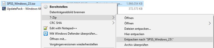 g. Falls Sie Windows 8 / 8.1 / 10 benutzen, öffnen Sie den Ordner Windows und doppelklicken Sie auf die Datei SPSS_Windows_23.iso. Überspringen Sie bitte Punkt g.1 g.4. 1. Falls Sie Windows 7 benutzen, stellen Sie bitte sicher, dass Sie ein Programm zum Entpacken von ISO Dateien installiert haben (bspw.