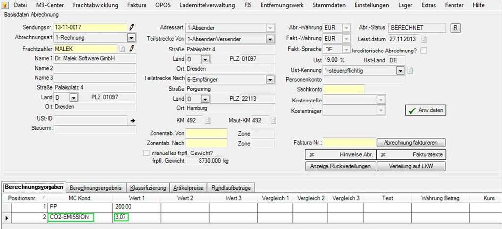 der Rechnungserstellung für Transporte nach Frankreich ist im Reiter Berechnungsvorgaben zusätzlich die Kondition CO -Emission