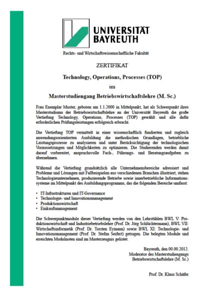 des Zertifikats rechtzeitig vor Zeugnisvergabe bei der Studiengangmoderation (www.fiba.uni-bayreuth.