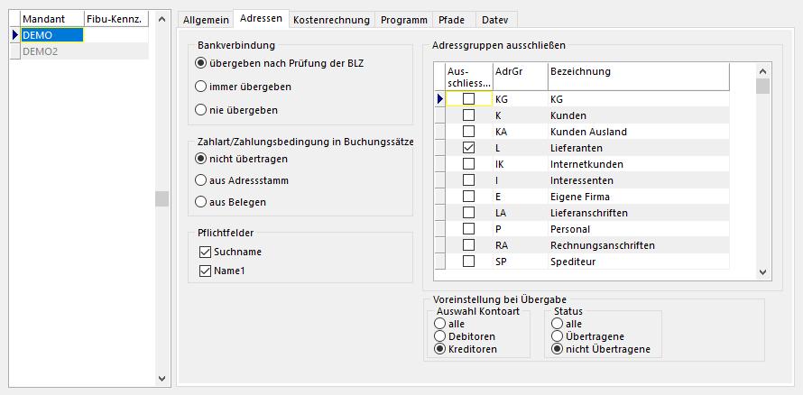 hier angezeigten Einstellungen. Register Adressen Passen Sie die Einstellungen und die auszuschließenden Adressgruppen an die der alten Fibu-Schnittstelle DATEV an.