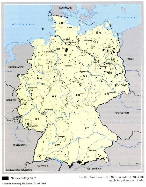 Naturschutzgebiete in Deutschland Schutzgebietskategorie Anzahl Fläche [%] Naturschutzgebiet 7923 3,3 Nationalpark 14 0,54 Biospärenreservat 13 2,8