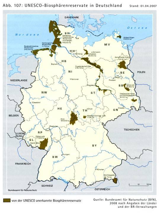UNESCO- Biospärenreservate in Deutschland Schutzgebietskategorie Anzahl Fläche [%] Naturschutzgebiet 7923 3,3 Nationalpark 14 0,54 Biospärenreservat 13 2,8