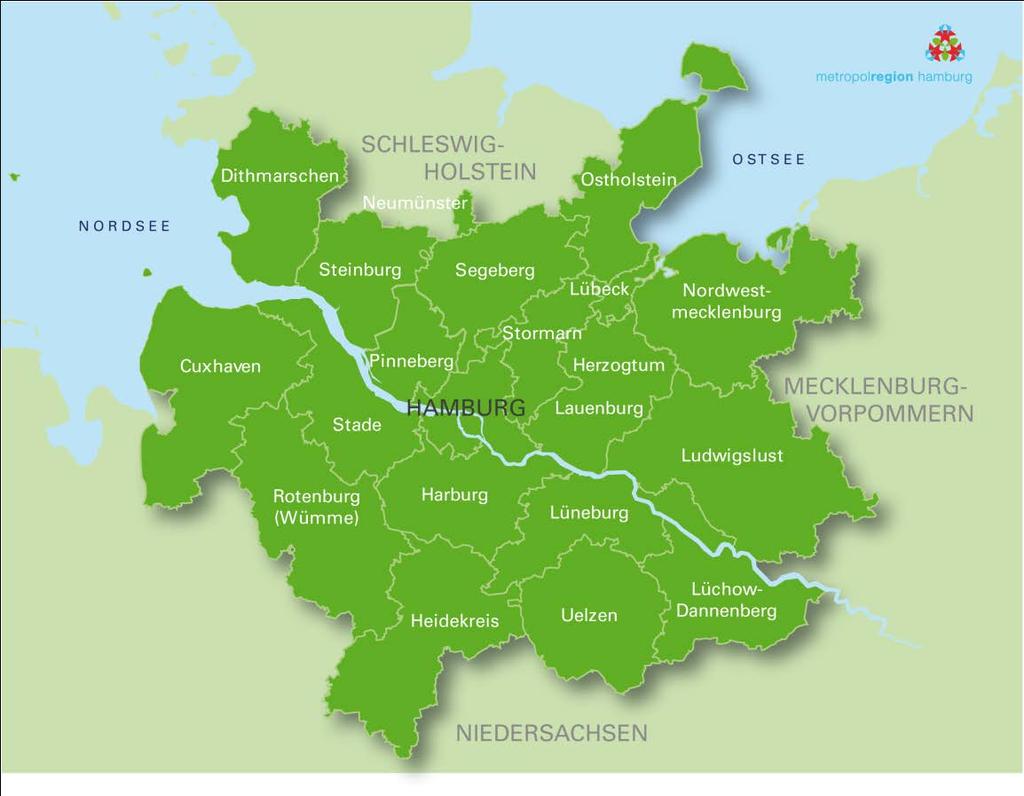 Metropolregion Hamburg in Zahlen Träger Bundesländer: (Land)Kreise: kreisfreie Städte: 4 17 2 Städte/Gemeinden: