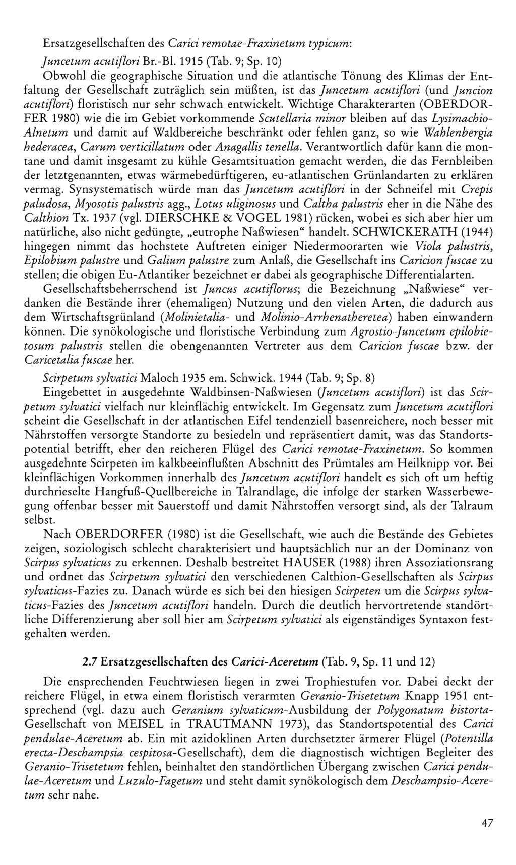 Ersatzgesellschaften des Carici remotae-fraxinetum typicum: Juncetum acutiflori Br.-Bl. 95 (Tab. 9; Sp.