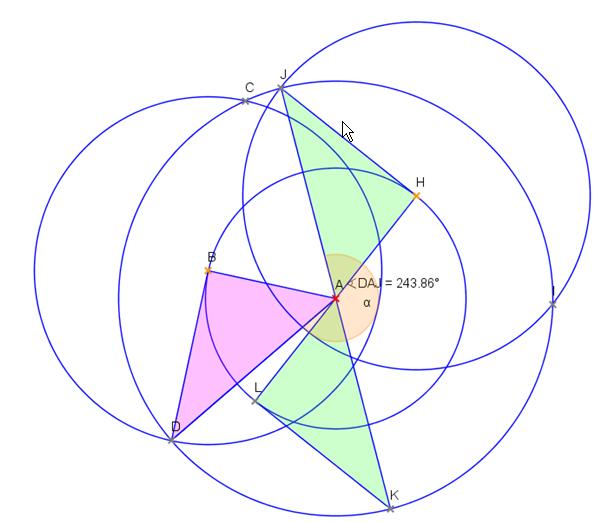 11. Spiegle den Punkt A an A. Der Spiegelpunkt wird mit C bezeichnet. 12. Spiegle den Punkt D an D. Der Spiegelpunkt wird mit F bezeichnet. 13. Der Punkt H ist ein Gleiter, der an k b gebunden 14.