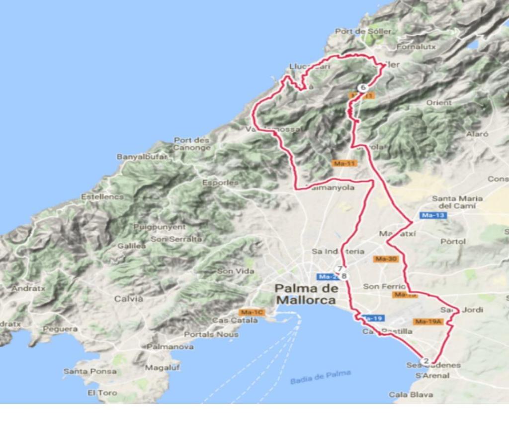 2. Tag: 110 km 1.200 hm Heute geht es über S Aranjassa, Sant Jordi und Marratxi nach Bunyola und über den Coll de Soller nach Soller.