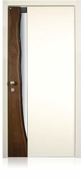 Concept 1-205 Holzart Meranti select, Türblatt außen mit aufgesetztem massiven Nussbaumbrett, innen durchgängiges Furnier. Farbe RAL 9001 Cremeweiß deckend bzw. Lauro Preto.