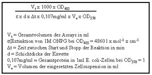 Zu den nun permeabilisierten Zellen wurde 140 µl ONPG (4 mg/ml in Z-Puffer) gegeben (= Start der Reaktion).