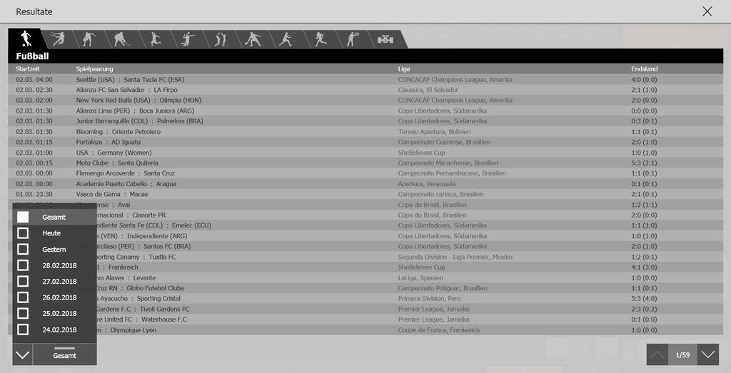 1.6 Resultats-Anzeige In der Resultatsanzeige können aktuelle Resultate aller verfügbarer Sportarten abgefragt werden.
