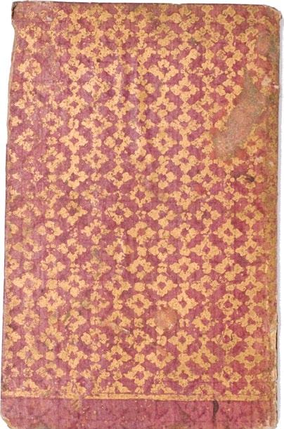#21 Bronzefirnispapier. Wohl Augsburg, um 1720 / 1730. Maße / Umfang: 15,5 x 10 cm (geschlossen). Technik / Material: Goldfarbener Druck auf auberginefarben gestrichenem Papier. (Vgl.