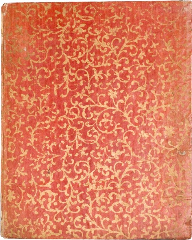 #22 Bronzefirnispapier. Wohl Augsburg, um 1720 / 1730. Maße / Umfang: 19,5 x 15,5 cm (geschlossen). Technik / Material: Goldfarbener Druck auf rot gestrichenem Papier. (Vgl. Krause / Rinck Nr. 10).