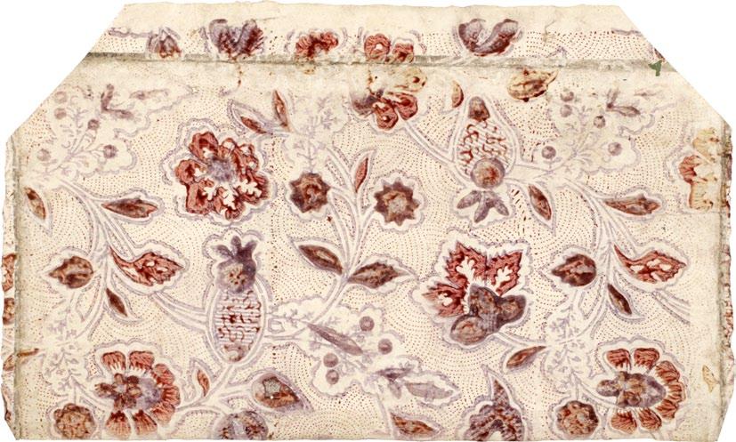 #37 Modeldruckpapier. Kontinentaleuropa, Mitte 18. Jahrhundert. Maße / Umfang: 36 x 21,5 cm. Technik / Material: Druck von zwei Stöcken in Rot und Violett auf naturfarbenem Büttenpapier. (Vgl.