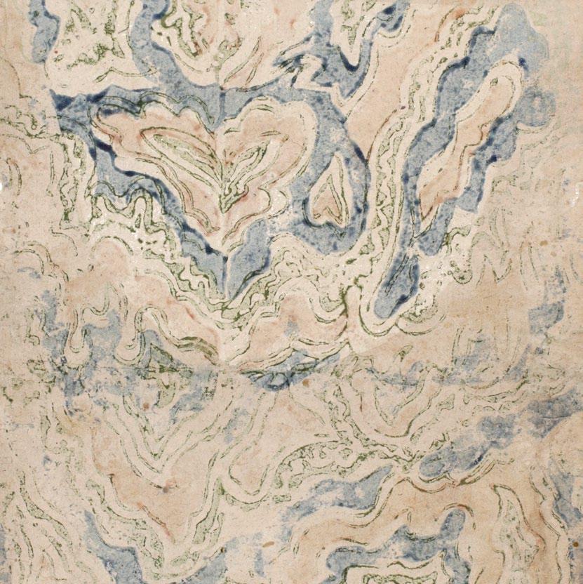 Imitat! #39 Modeldruckpapier. Europa, zweite Hälfte 18. Jahrhundert. Maße / Umfang: 35 x 20 cm. Technik / Material: Druck in Blau, Grün und Karminrot von drei Stöcken auf gräulichem Büttenpapier.