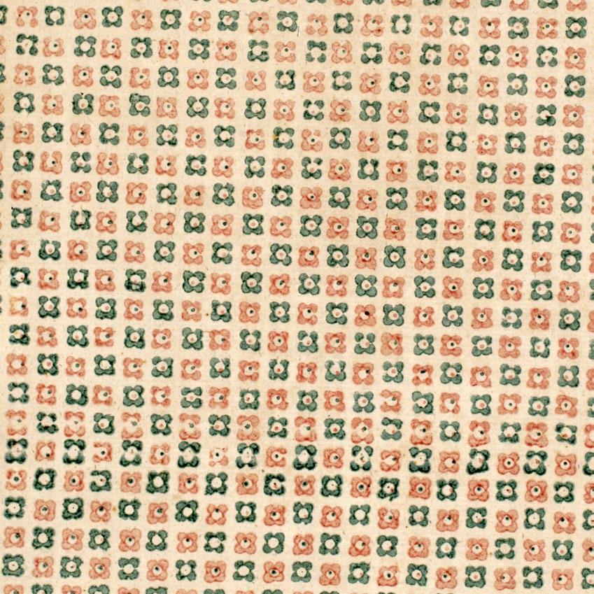 #73 Modeldruckpapier. Deutsch, zweite Hälfte 18. Jahrhundert. Maße / Umfang: 34 x 42 cm (gesamt). Technik / Material: Druck in Grün und Rosa von zwei Stöcken auf naturfarbenem, dünnem Büttenpapier.