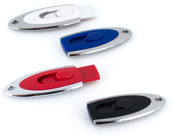 USB-Modell: OVAL Unseren handlichen ovalen USB-Stick erhalten Sie in einer glänzenden verchromten Zink-Legierung mit eingebauter Soft- Touch-Schiebevorrichtung aus Kunststoff.