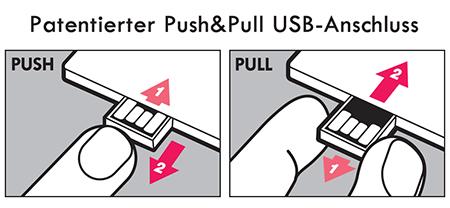 Der USB-Anschluss verschwindet wieder im Gehäuse, indem Sie ihn erst nach vorne ziehen und danach wieder ins Gehäuse stecken Der ideale USB-Stick für alle rechteckigen und quadratischen Logos.