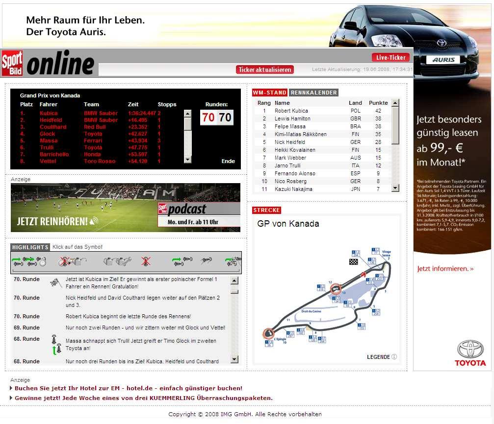 Formel 1 2009: Hauptsponsoring Der Partner präsentiert außerdem exklusiv den Liveticker zur Formel 1 auf sportbild.de. Alle Qualifying Alle Rennen Exklusive Werbemittelintegration im sportbild.