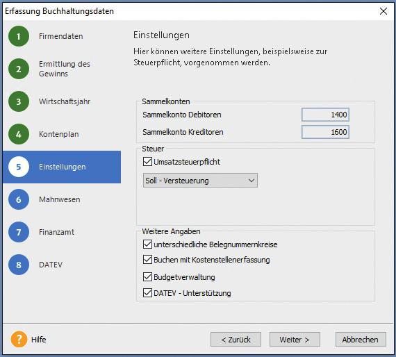 Das heißt: Die getroffenen Einstellungen lassen sich zu jedem Zeitpunkt ändern. Die Kontonummern aus Forderungen und Verbindlichkeiten sind durch den gewählten Kontenrahmen festgelegt.