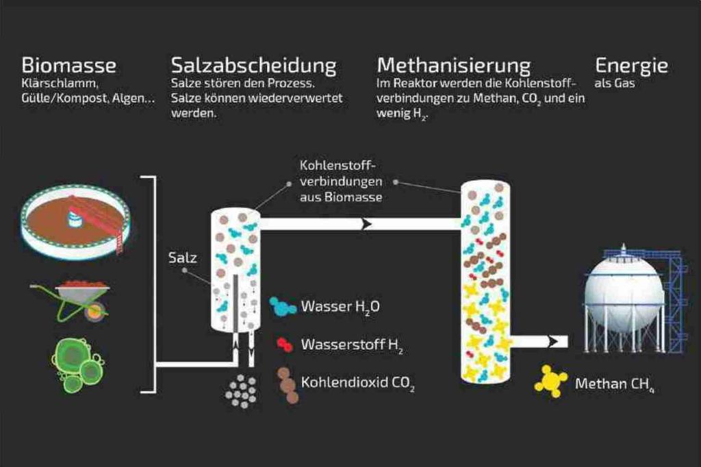 Kohlenstoffverhindungen aus Biomasse Biomasse Salzabscheiclung Methanisierung Energie Klarschlamm, Salze