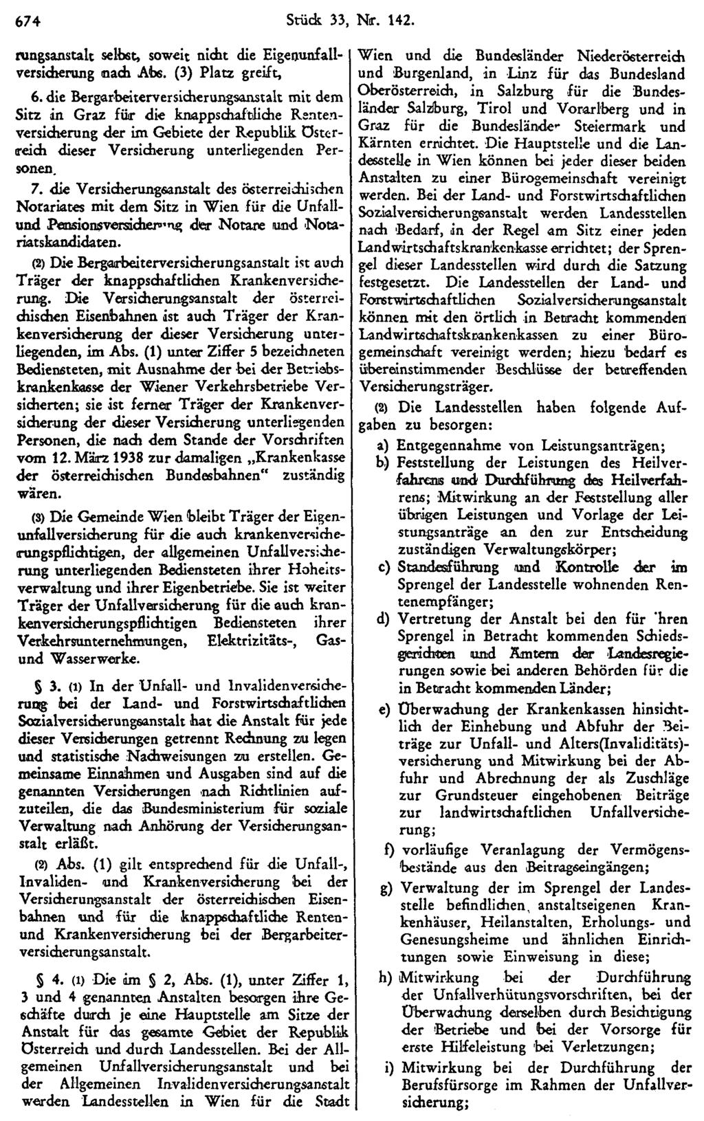 674 Stück 33, Nr. 142. rungsanstalt selbst, soweit nicht die Eigenunfallversicherung nach Abs. (3) Platz greift, 3.