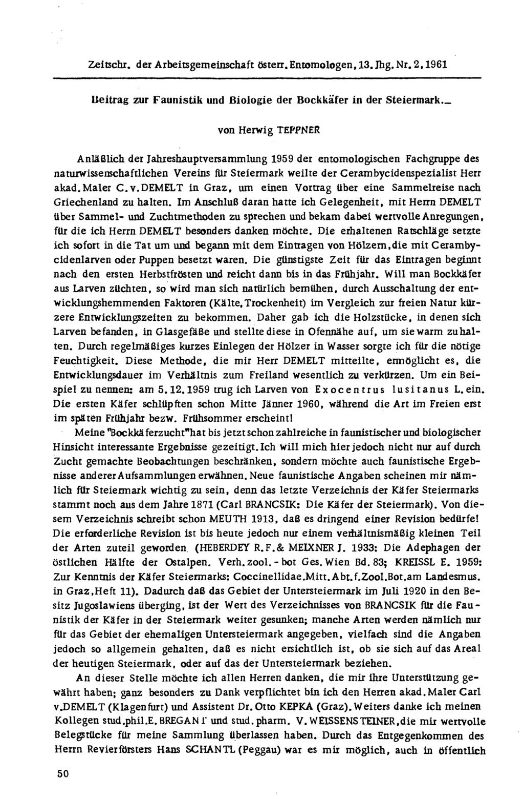 Beitrag zur Faunistik und Biologie der Bockkäfer in der Steiermark.