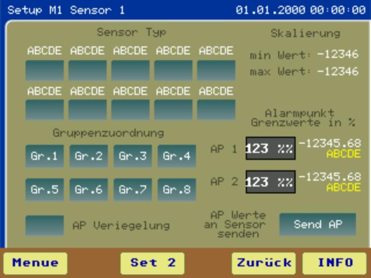 Aktivierung des Moduls beim Drücken von Modul off -> Modul on 2. Drücken von Sensor 1 -> 3. Sensor 1 Setup drücken dann gelangen sie in das Menue Setup M1 Sensor 1 Mess-Einheiten des Sensor 1, z.b. %UEG, ppm, usw.