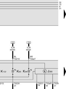 Schalttafeleinsatz J429 - Steuergerät für Zentralverriegelung K1 - Kontrollampe für Fernlicht K2 - Kontrollampe für Generator K14 - Kontrollampe für Handbremse K65 - Kontrollampe für Blinker K83 -